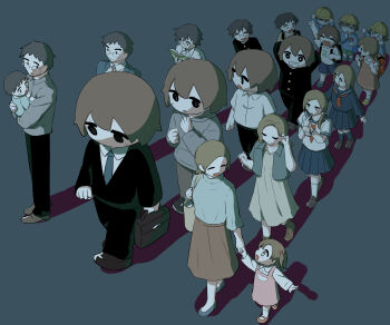 >_< 6+boys 6+girls @_@ absurdres arm_up arms_behind_back arms_up avogado6 backpack bag black_bag black_eyes black_jacket black_pants blue_background blue_bag blue_footwear blue_jacket blue_necktie blue_romper blue_shirt blue_shorts blue_skirt blue_socks book boots brown_eyes brown_footwear brown_hair brown_skirt buttons carrying carrying_person child clenched_hand closed_eyes closed_mouth collarbone collared_jacket collared_shirt commentary cosmetics dress earrings evolution father_and_son formal_clothes full_body glasses green_shorts green_skirt grey_footwear grey_hair grey_hoodie grey_necktie grey_pants grey_shirt hair_between_eyes hair_bobbles hair_ornament hairclip hairpin hand_mirror hands_up hat highres holding holding_book holding_hands holding_lipstick_tube holding_mirror holding_suitcase hood hoodie jacket jewelry lapels lips lipstick_tube long_hair long_sleeves looking_at_another looking_down looking_to_the_side looking_up low_ponytail makeup mirror mother_and_daughter multiple_boys multiple_girls name_tag necktie no_mouth open_book open_clothes open_jacket open_mouth original pants pinafore_dress pink_dress pleated_skirt pocket ponytail puffy_long_sleeves puffy_sleeves reading red_bag red_footwear red_lips red_necktie romper sailor_collar school_uniform serafuku shadow shirt shoes short_hair short_sleeves short_twintails shorts simple_background skirt sleeveless sleeveless_dress smile socks suit suitcase sweat t-shirt teeth turtleneck twintails walking white_shirt white_socks yellow_bag yellow_dress yellow_hat yellow_shoes