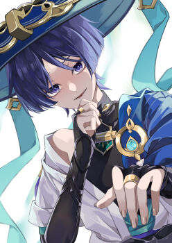 Rule 34 | 1boy, absurdres, anemo symbol (genshin impact), armor, armpit crease, black bodysuit, black bow, black bridal gauntlets, blue cape, blue gem, blue hat, blue kimono, blue pupils, blue sleeves, blunt ends, bodysuit, bow, bridal gauntlets, cape, choppy bangs, clenched hand, commentary request, dutch angle, eyeliner, fingernails, gem, genshin impact, gold, gold ring, hand on own chin, hands up, hat, highres, iwoarazumi129, japanese armor, japanese clothes, jingasa, juban, kimono, kote, kurokote, layered sleeves, looking at viewer, lower teeth only, makeup, male focus, middle ring, open clothes, open hand, open kimono, open mouth, parted bangs, pom pom (clothes), purple eyes, purple hair, purple sash, raised eyebrows, red eyeliner, sash, scaramouche (genshin impact), short sleeves, single bare shoulder, single off shoulder, smug, solo, teeth, tongue, tsurime, wanderer (genshin impact), white background, white kimono, white sleeves