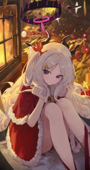 1girl absurdres alternate_costume black_halo black_horns blue_archive capelet christmas closed_mouth commentary_request dress fake_antlers hair_ornament hairclip halo highres hina_(blue_archive) horns jianjia legs looking_at_viewer purple_eyes red_capelet red_dress santa_costume santa_dress sitting solo white_hair