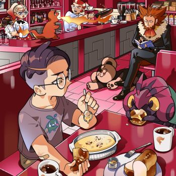 aged_down bread cafe charmander coffee coffee_mug corbeau_(pokemon) croissant cup eating food frying_pan gen_1_pokemon gen_5_pokemon gen_6_pokemon gratin griselle_(pokemon) grisham_(pokemon) holding holding_frying_pan litleo lumiose_galette lysandre_(pokemon) lysandre_cafe mug nintendo pokemon pokemon_(creature) pokemon_legends:_z-a pokemon_xy reading shayla_hall third-party_source trubbish venipede