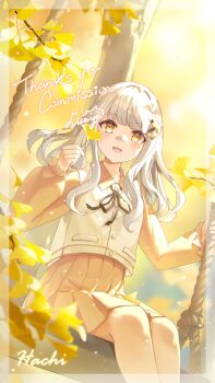 Rule 34 | 1girl, :d, absurdres, artist name, autumn, autumn leaves, bandaid, bandaid on face, bandaid on nose, blush, brown shirt, brown skirt, character name, collared shirt, commentary request, commission, english text, feet out of frame, grey hair, hachi (live union), hair ornament, highres, hisaya kii, holding, holding leaf, leaf, live union, long hair, long sleeves, miniskirt, mole, mole under eye, on swing, open mouth, pleated skirt, puffy long sleeves, puffy sleeves, shirt, sitting, skirt, smile, solo, swing, vest, virtual youtuber, white vest, yellow eyes