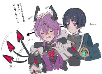 2boys aqua_gemstone black_bodysuit black_hair black_horns black_shirt black_sleeves black_tail blunt_ends blush bodysuit capelet chest_jewel closed_eyes closed_mouth covered_collarbone cropped_torso crossed_bangs dragon_horns dragon_tail embarrassed eyelashes facial_mark facing_viewer forehead_mark gem genshin_impact gloves gold grey_capelet grey_eyes hair_between_eyes hand_up headpat heart heart-shaped_gem heart_tail highres horns japanese_clothes jitome kimono long_sleeves looking_at_another mini_durin_(genshin_impact) mini_durin_(human)_(genshin_impact) multiple_boys omochi_7btn open_mouth purple_hair purple_vest red_gemstone scaramouche_(genshin_impact) shirt shoulder_peek sketch smile sweat tail tail_wagging translation_request undershirt vest vision_(genshin_impact) wanderer_(genshin_impact) white_background white_gloves white_kimono white_sleeves wispy_bangs