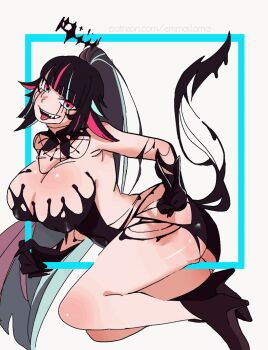 1girl animated animated_gif ass black_dress black_gloves black_hair black_liquid blue_eyes blue_hair breasts cleavage collar dress emma_llama fingernails floating_headgear florks full_body gloves hair_ornament headgear high_heels huge_breasts indie_virtual_youtuber ink large_breasts liquid_clothes liquid_dress liquid_from_eyes liquid_tail long_hair multicolored_eyes multicolored_hair open_mouth pink_eyes pink_hair ponytail sharp_fingernails sharp_teeth sheep_hair_ornament shiny_skin solo streaked_hair tail teeth tongue two-tone_eyes virtual_youtuber