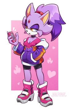 1girl alternate_costume alternate_hairstyle artist_name blaze_the_cat boots breasts cellphone fingernails fire_print full_body hand_on_pocket heart heart_print high_heels jacket medium_breasts phone pink_background pink_shirt polka_dot polka_dot_background ponytail purple_fur serious sharp_fingernails shirt shorts sonic_(series) the_other_half two-tone_background white_background yellow_eyes