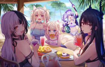 5girls ;d animal_ear_fluff animal_ears arm_strap asymmetrical_horns bare_shoulders beach bikini black_bikini black_hair black_horns black_nails blue_camisole blue_choker blue_eyes blue_hair blue_hairband blurry blurry_background bow breasts brown_hair cake cake_slice camisole chain chest_jewel choker collar colored_inner_animal_ears colored_inner_hair commentary cup day demon_horns dog_ears dog_girl dog_tail donut drinking drinking_glass drinking_straw earrings english_commentary fingernails food food_in_mouth frilled_camisole frilled_straps frills fruit fuwawa_abyssgard fuwawa_abyssgard_(casual) gem grey_hair hair_bow hair_ornament hairband hairclip highres holding holding_cup holding_sword holding_weapon holoadvent hololive hololive_english horns jewelry k-rumi koseki_bijou large_breasts long_fingernails long_hair looking_at_food looking_at_viewer looking_back mococo_abyssgard mococo_abyssgard_(casual) mole mole_under_eye mouth_hold multicolored_hair multiple_girls multiple_rings nail_polish navel nerissa_ravencroft official_alternate_costume one_eye_closed open_mouth outdoors pebble_(koseki_bijou) pie pink_collar pink_eyes pink_hair plaid_camisole pon_de_ring ponytail purple_bow purple_eyes purple_gem purple_hair red_eyes ring ruffle_bikini shiori_novella short_hair siblings sisters smile split-color_hair standing streaked_hair swimsuit sword table tail tomato_(sword) tropical_drink twins two-tone_hair two_side_up uneven_horns virtual_youtuber watermelon weapon white_bikini white_camisole x_hair_ornament