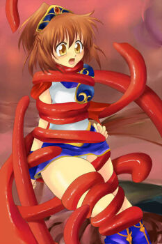 1girl arle_nadja armor blue_footwear blue_skirt boots brown_eyes brown_hair feet_out_of_frame forced gold_trim half_updo headgear loli madou_monogatari open_mouth panties puyopuyo restrained short_hair shoulder_armor skirt sweetsprite tagme tentacles underwear white_panties