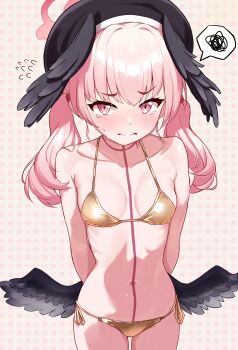 1girl absurdres alternate_costume arms_behind_back beret bikini black_feathers black_hat black_wings blue_archive blush breasts closed_mouth collarbone crying crying_with_eyes_open feathered_wings feathers flying_sweatdrops gold_bikini halo hat head_wings highres koharu_(blue_archive) linatai loli looking_at_viewer low_wings medium_hair navel pink_eyes pink_hair polka_dot polka_dot_background red_halo side-tie_bikini_bottom small_breasts solo split_mouth spoken_squiggle squiggle swimsuit tears thighs twintails wings