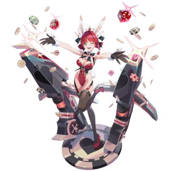 1girl animal_ears armpits bare_shoulders black_bow black_survival blue_eyes bow bowtie braid breasts brown_gloves brown_thighhighs cannon chest_harness cleavage detached_collar dice double_bun eternal_return:_black_survival fake_animal_ears full_body garter_straps gloves hair_bow hair_bun hair_ornament harness high_heels highres huge_weapon justyna_(black_survival) large_breasts leg_up leotard looking_at_viewer medium_hair multicolored_hair official_alternate_costume official_art one_eye_closed open_mouth outstretched_arms playboy_bunny poker_chip rabbit_ears rabbit_hair_ornament red_hair red_leotard red_shoes see-through_clothes see-through_leotard shoes single_braid smile solo sparkle sparkling_eyes standing standing_on_one_leg strapless strapless_leotard streaked_hair thighhighs thighs transparent_background weapon wrist_cuffs zipper zipper_leotard