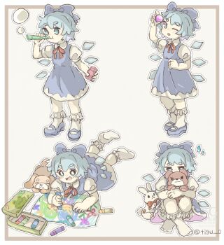 1girl :d ;o aqua_hair bloomers blowing_bubbles blue_bow blue_eyes blue_shoes bobby_socks border bow brown_background brown_border bubble chigu cirno crayon dog drawing_(action) dress hair_bow highres holding holding_crayon lying mary_janes multiple_views neck_ribbon on_stomach one_eye_closed open_mouth outline pinafore_dress puffy_short_sleeves puffy_sleeves rabbit red_bow red_ribbon ribbon shoes short_hair short_sleeves sleeveless sleeveless_dress smile socks standing touhou twitter_username underwear white_bloomers white_outline white_socks wings