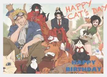 1girl animal animal_on_shoulder ascot bare_shoulders black_fur black_hair black_suit blonde_hair blue_jacket border box breasts brown_hair brown_pants cait_sith_(final_fantasy) cape cat cat_day cat_on_shoulder cid_highwind cloak collar crop_top crown facial_hair facial_mark feather_hair_ornament feathers final_fantasy final_fantasy_vii final_fantasy_vii_remake fire flame-tipped_tail formal_clothes furry gift gift_box goatee goggles goggles_on_head green_shirt grey_shorts grin hair_ornament hand_on_own_cheek hand_on_own_face happy_birthday headband highres holding holding_gift jacket long_hair medium_breasts midriff mini_crown msa_mne multiple_boys necktie open_mouth orange_fur pants red_cape red_cloak red_headband red_necktie red_xiii reeve_tuesti rolling_eyes scar scar_across_eye scar_on_face shirt short_hair shorts sleeveless sleeveless_turtleneck smile suit suit_jacket tail turtleneck tuxedo_cat two-tone_fur vincent_valentine white_ascot white_border white_fur white_shirt yuffie_kisaragi