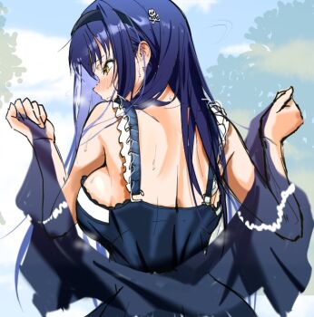 1girl back backboob bare_shoulders black_camisole black_hair black_hairband blush bone_hair_ornament breasts camisole closed_mouth commentary day frilled_camisole frills from_behind hair_between_eyes hair_ornament hair_over_shoulder hairband hands_up kushima_kamome large_breasts long_hair looking_to_the_side nose_blush outdoors profile sideboob sketch skull_and_crossbones skull_hair_ornament solo summer_pockets upper_body wet yellow_eyes zenoo