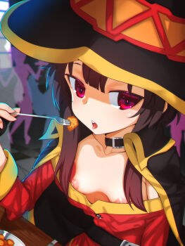 1girl black_hat breasts brown_hair downblouse dress female_focus food fork hat highres holding holding_fork kono_subarashii_sekai_ni_shukufuku_wo! loli looking_at_viewer megumin nipples open_mouth plate rbx_lamen red_dress red_eyes short_hair_with_long_locks small_breasts solo table witch_hat