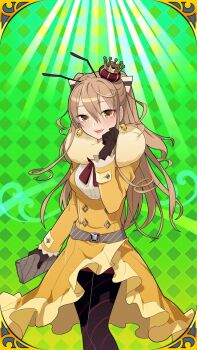 Rule 34 | 1girl, :p, ahoge, alternate costume, antennae, argyle background, artist name, ascot, belt, black gloves, blush, bow, breasts, brown eyes, brown hair, buttons, checkered background, checkered floor, coat, cowboy shot, crown, dress, earrings, frilled skirt, frills, gloves, green background, hair between eyes, hair bow, hair ornament, hair ribbon, hat, head tilt, holding, jacket, jewelry, layered skirt, long hair, long sleeves, looking at viewer, medium breasts, mini crown, nana honeybee, neck ribbon, necktie, one side up, open mouth, pantyhose, plaid background, ponytail, ribbon, scarf, shirt, signature, skirt, smile, solo, standing, tilted headwear, tongue, tongue out, uchako, uchi no hime-sama ga ichiban kawaii, very long hair, yellow eyes