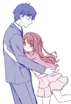 1boy 1girl any_(trueblue) blush commentary_request embarrassed formal_clothes hug idolmaster idolmaster_cinderella_girls long_hair looking_at_another multiple_monochrome one_side_up producer_(idolmaster) producer_(idolmaster_cinderella_girls_anime) shimamura_uzuki sketch skirt suit