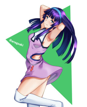 1girl aona_(anagasaki) armpits blue_eyes blush boots breasts grendizer_u hair_ornament hairband highres knee_boots long_hair looking_at_viewer looking_to_the_side mazinger_(series) medium_breasts presenting_armpit purple_hair solo ufo_robo_grendizer yumi_sayaka