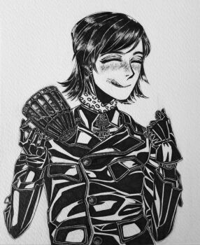 1girl black_gloves blush bob_cut bordfunker133 buttons closed_eyes commentary_request cougar_pattern cougar_pattern_foulard cross cup dress_shirt facing_to_the_side foulard genderswap genderswap_(mtf) gloves greyscale hans-joachim_marseille highres holding holding_cup iron_cross jacket leather leather_jacket licking_lips luftwaffe marseille-chan_(bordfunker133) medium_hair military monochrome original photo_(medium) real_life shirt shoulder_boards simple_background smile soldier solo tongue tongue_out upper_body world_war_ii