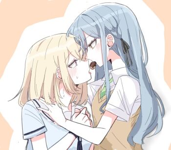 2girls at_09098 bang_dream! bang_dream!_it&#039;s_mygo!!!!! blonde_hair blue_hair blue_shirt blush brown_sweater_vest commentary_request donut food hanasakigawa_school_uniform hand_up korean_commentary long_hair medium_hair misumi_uika mouth_hold multiple_girls open_mouth purple_eyes sailor_collar school_uniform serafuku shared_food shirt short_sleeves sidelocks sweater_vest togawa_sakiko white_sailor_collar yellow_eyes yuri