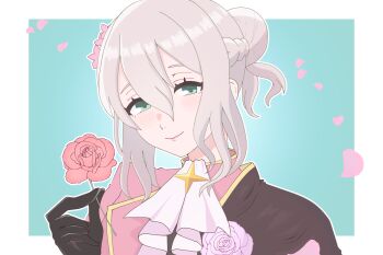 Rule 34 | 1girl, aqua background, ascot, black gloves, blush, border, commentary request, effie (fire emblem), effie (valentine) (fire emblem), fire emblem, fire emblem fates, fire emblem heroes, flower, gloves, green eyes, grey hair, kasyo 2501, nintendo, official alternate costume, outside border, petals, pink flower, pink rose, rose, short hair, simple background, smile, solo, white ascot, white border