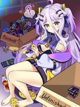 Rule 34 | ?, absurdres, ahoge, asahi illustrator, barefoot, black bra, bra, breasts, cleavage, cleavage cutout, closed mouth, clothing cutout, commentary, dress, english commentary, grey hair, hair ornament, hair ribbon, hairpin, henya the genius, henya the genius (1st costume), highres, jacket, long bangs, long hair, looking at viewer, number tattoo, purple dress, purple ribbon, ribbon, roman numeral, rubik's cube, shoulder tattoo, small breasts, solo, spoken question mark, symbol-only commentary, tattoo, turtleneck, turtleneck dress, two side up, underwear, very long hair, virtual youtuber, vshojo, white jacket