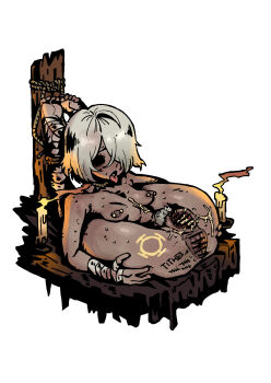 1girl absurdres anus bodysuit breasts candle completely_nude cum cum_in_pussy cumdrip cumdump dark-skinned_female dark_skin darkest_dungeon ebonyxh eylin_eyla_(ebonyxh) folded highres hollow_eyes lying nipple_bar nipple_piercing nipples nude official_style on_back original piercing pussy restrained short_hair simple_background small_breasts solo tally tongue tongue_out white_background white_hair