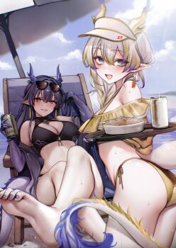 2girls absurdres alternate_costume arknights barefoot beach bikini black_bikini blue_eyes blue_hair blue_horns blue_nails blue_sky blue_tail blush breasts can chair cleavage cloud colored_extremities commentary day dokuro_deluxe dragon_girl dragon_horns dragon_tail earrings eyeshadow eyewear_on_head feet food green_hair grey_hair grin hair_between_eyes highres holding holding_can holding_plate horns jewelry ling_(arknights) long_hair lounge_chair makeup medium_breasts multicolored_hair multicolored_horns multiple_girls nail_polish noodles on_chair open_mouth outdoors parasol plate pointy_ears red_eyeshadow shu_(arknights) siblings side-tie_bikini_bottom sidelocks sisters sitting sky smile sunglasses swimsuit tail tassel tassel_earrings toenail_polish toenails umbrella visor_cap wet white_tail yellow_bikini