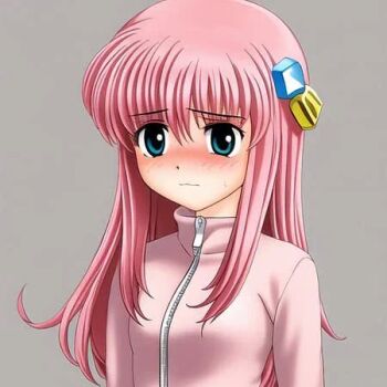 07th_expansion 1girl blue_eyes blush bocchi_the_rock! crossover dot_nose gotoh_hitori grey_background hair_ornament higurashi_no_naku_koro_ni long_hair lowres nose_blush pink_hair pink_track_suit ryukishi07 simple_background solo track_suit