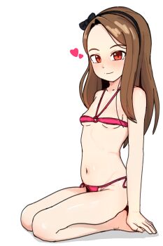 1girl bare_legs bare_shoulders barefoot bikini black_bow black_hairband blush bow breasts brown_hair closed_mouth collarbone full_body hair_bow hairband heart idolmaster kei_(mnhattan_cafe) loli long_hair looking_at_viewer micro_bikini minase_iori navel o-ring o-ring_bikini o-ring_top pink_bikini red_eyes seiza side-tie_bikini_bottom simple_background sitting small_breasts smile solo swimsuit white_background
