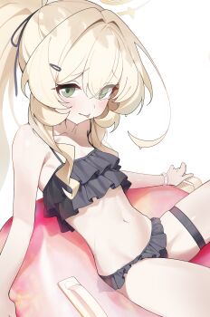 1girl :p absurdres alternate_costume alternate_hairstyle bare_shoulders bikini black_bikini black_ribbon blonde_hair blue_archive blush collarbone crossed_bangs eyes_visible_through_hair flat_chest fluffy_hair frilled_bikini frills green_eyes hair_between_eyes hair_intakes hair_ornament hair_ribbon hairclip halo highres layered_bikini loli long_hair long_sidelocks looking_at_viewer navel omokuri on_innertube ponytail professor_niyaniya_(blue_archive) ribbon side_ahoge sidelocks simple_background skindentation smile solo strap_slip swim_ring swimsuit thigh_strap thighs tongue tongue_out very_long_hair wavy_hair white_background yellow_halo