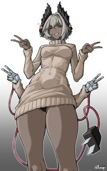 1girl ;) arknights black_panties blue_eyes breasts brown_sweater commentary cowboy_shot dark-skinned_female dark_skin electric_plug electric_plug_tail english_commentary extra_arms female_pubic_hair from_below furauji grey_hair grin long_sleeves medium_breasts multicolored_nails one_eye_closed panties pantyshot pubic_hair pubic_hair_peek quadruple_v raidian_(arknights) smile solo sweater tail underwear