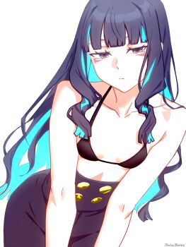 1girl bare_shoulders black_bra black_hair black_shorts blue_hair bra breasts buttons collarbone colored_inner_hair dantonphanton double-breasted eyeliner fate/grand_order fate_(series) grey_eyes highres long_hair looking_at_viewer makeup multicolored_hair shorts sidelocks small_breasts tenochtitlan_(fate) underwear