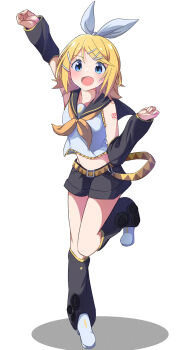 1girl absurdres belt black_sailor_collar black_shorts blonde_hair blue_eyes bow breasts commentary_request detached_sleeves full_body hair_bow hair_ornament hairclip highres kagamine_rin leg_up leg_warmers midriff mikemaru_illust navel neckerchief number_tattoo open_mouth parallel_hairclips sailor_collar shirt shoes short_hair shorts simple_background sleeveless sleeveless_shirt small_breasts tattoo treble_clef vocaloid white_background white_bow white_shirt white_shoes yellow_belt yellow_neckerchief yellow_trim