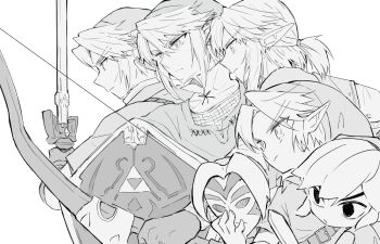 bow_(weapon) curtained_hair greyscale hat holding holding_bow_(weapon) holding_mask holding_shield holding_sword holding_weapon hylian_shield kokeampk link mask master_sword monochrome multiple_boys nintendo pointy_ears profile shield sidelocks sword the_legend_of_zelda the_legend_of_zelda:_breath_of_the_wild the_legend_of_zelda:_majora&#039;s_mask the_legend_of_zelda:_ocarina_of_time the_legend_of_zelda:_the_wind_waker the_legend_of_zelda:_twilight_princess tunic weapon