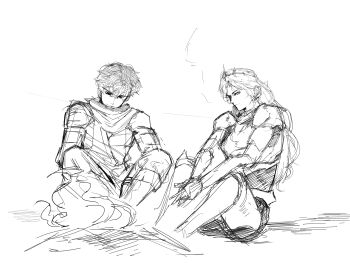 Rule 34 | 1boy, 1girl, absurdres, armor, breastplate, commentary, crown, english commentary, full body, highres, knees up, logicsterrr, long hair, nephis (shadow slave), scarf, shadow slave, shoulder armor, shoulder pads, sitting, sketch, sunny (shadow slave), tunic