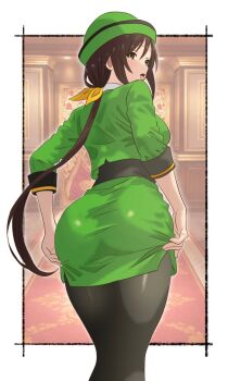 1girl ass bowler_hat brown_hair commentary english_commentary formal_clothes from_behind green_hat green_jacket green_skirt hat hayakawa_tazuna highres himahari_neru jacket long_hair looking_at_viewer looking_back low_ponytail pantyhose ponytail skirt skirt_suit solo suit umamusume