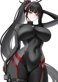 Rule 34 | 1girl, absurdres, arm up, belt, black bodysuit, black hair, black halo, blue archive, bodysuit, breasts, bright pupils, closed mouth, covered navel, from below, gun, halo, handgun, headgear, highres, holster, large breasts, long hair, looking at viewer, m1911, multicolored bodysuit, multicolored halo, official alternate costume, ponytail, red eyes, ringed eyes, rio (armed) (blue archive), rio (blue archive), simple background, solo, tewaki, thigh belt, thigh holster, thigh strap, thighs, two-tone bodysuit, two-tone halo, very long hair, weapon, white background, white pupils