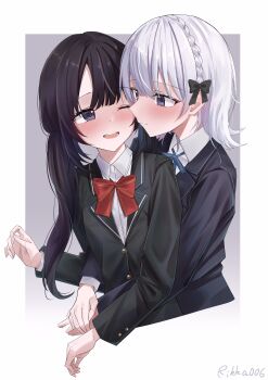 2girls absurdres black_bow black_hair black_jacket blue_jacket blush bow bowtie braid commentary crown_braid hair_bow highres hug hug_from_behind jacket kurobe_nanoka kurobe_nanoka&#039;s_sister long_hair long_sleeves mahou_shoujo_no_majo_saiban multiple_girls one_eye_closed open_mouth purple_eyes red_bow red_bowtie rikka006 school_uniform shirt short_hair spoilers teeth twintails white_hair white_shirt