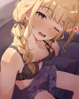 1girl areola_slip black_bra blonde_hair blue_skirt blush bra bra_pull braid breasts cleavage clothes_pull collarbone fujita_kotone gakuen_idolmaster heart heart-shaped_pupils highres idolmaster indoors looking_at_viewer nipple_slip nipples one_eye_closed open_mouth plaid_clothes plaid_skirt pleated_skirt seneto sitting skirt small_breasts smile solo symbol-shaped_pupils teeth twin_braids underwear yellow_eyes