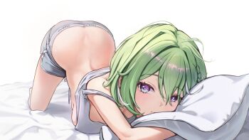1girl absurdres ass back braid butt_crack closed_mouth clothes_lift clothes_pull commentary_request dolphin_shorts expressionless foreshortening green_hair grey_panties grey_shorts grey_tank_top hair_between_eyes head_on_pillow highres kitsune_hero korean_commentary long_bangs looking_at_viewer multicolored_hair on_bed panties pillow purple_eyes shiny_skin short_hair shorts shorts_pull side_braid simple_background solo sports_panties stellive streaked_hair tank_top top-down_bottom-up underwear virtual_youtuber white_background white_streaks white_tank_top yuzuha_riko