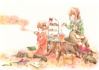2girls black_boots black_bow black_hairband blonde_hair bob_cut book book_on_lap boots bow brown_boots brown_skirt cardigan commentary_request cup dress flower green_cardigan hair_bow hair_flower hair_ornament hairband holding holding_cup iinuma_chika long_hair marker_(medium) multiple_girls notebook on_tree_stump open_book open_cardigan open_clothes original pile_of_books pink_cardigan pink_dress pink_flower pink_rose pink_socks pouring rose sailor_collar shirt short_hair simple_background sitting skirt socks star_(symbol) striped_clothes striped_socks tea_party teacup teapot tiered_tray traditional_media tree_stump white_background white_sailor_collar white_shirt