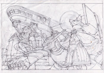 aircraft animal_ear_fluff border character_request commentary denchou english_commentary floating_cape furry furry_female furry_male goggles goggles_on_head graphite_(medium) little_tail_bronx long_hair mecha robot sitting sketch solatorobo standing traditional_media vehicle_request