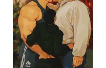 3boys absurdres adam's_apple bara black_hair black_hoodie black_pants blue_pants blue_tank_top blurry blurry_background broad_shoulders christmas christmas_tree commentary english_commentary hand_in_another's_pants hand_on_another's_hip head_out_of_frame highres hood hoodie hoonzino implied_kiss large_pectorals looking_up male_focus multiple_boys muscular muscular_male original pants pectorals shiny_skin sidepec size_difference sleeveless sweater sweatpants tank_top thick_arms white_sweater yaoi