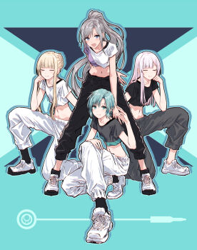 4girls aqua_background aqua_eyes aqua_hair black_pants black_shirt blonde_hair blunt_bangs commentary crop_top cropped_shirt d4dj fukushima_noa full_body grey_hair hanamaki_towa highres izumo_saki long_hair long_sidelocks looking_at_viewer multiple_girls navel niijima_ibuki pants photon_maiden ponytail shirt shoes short_hair short_hair_with_long_locks short_sleeves sidelocks sneakers stomach very_long_hair white_hair white_pants white_shirt white_shoes yukitake_(bullfalk)
