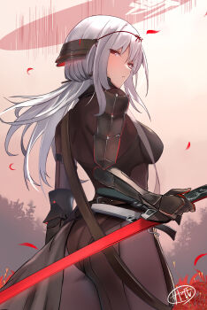 Rule 34 | 1girl, 384muchimuchi, armored bodysuit, ass, black bodysuit, bodysuit, breasts, brown bodysuit, energy sword, goddess of victory: nikke, grey bodysuit, grey hair, highres, holding, holding sword, holding weapon, large breasts, lightsaber, long hair, looking at viewer, looking back, official alternate costume, official alternate design, open mouth, red eyes, red lightsaber, scarlet (black shadow) (nikke), scarlet (nikke), solo, sword, very long hair, weapon