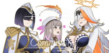 3girls :d baldr_(fire_emblem_heroes) black_hair breasts brown_eyes brown_hair cape cleavage closed_mouth commentary commission dr_metagross drill_hair english_commentary eyelashes fire_emblem fire_emblem_heroes gradient_hair grey_hair hair_over_one_eye halo hat hat_feather heterochromia highres hodr_(fire_emblem) large_breasts long_hair long_sleeves looking_at_another medium_breasts multicolored_hair multiple_girls nintendo open_mouth orange_eyes orange_hair orange_halo pink_hair purple_hair short_hair siblings sisters smile teeth two-tone_hair upper_body vali_(fire_emblem) very_long_hair white_background white_hat yellow_eyes