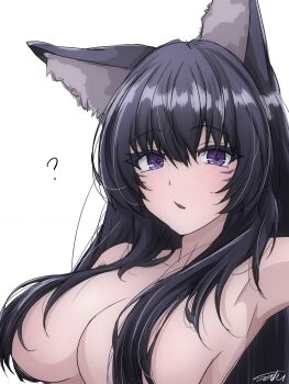 Rule 34 | 1girl, ?, animal ear fluff, animal ears, black hair, breasts, cleavage, commentary request, convenient censoring, convenient hair, delta (kagejitsu), facial mark, hair over breasts, highres, kage no jitsuryokusha ni naritakute!, large breasts, long hair, looking at viewer, nude, parted lips, purple eyes, ronron2439, solo, very long hair, wolf ears, wolf girl