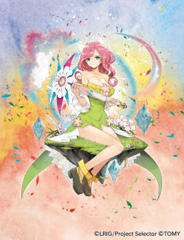 1girl animal_ears breasts cat_ears closed_mouth copyright_notice dress flower green_dress green_eyes green_shoes highres holding holding_syringe looking_at_viewer mama_(wixoss) medium_breasts medium_hair nail_polish official_art pink_hair pink_nails shoes smile solo syringe tokiti white_flower wixoss