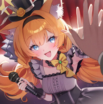 Rule 34 | 1girl, 8n0 g, animal ear fluff, armpits, black headband, black overskirt, blue archive, blue eyes, choker, commentary request, dress, flower, fluffy hair, frilled choker, frills, grey dress, grey feathers, halo, hat, hat flower, headband, highres, holding, holding microphone, idol, idol clothes, looking at viewer, mari (blue archive), mari (idol) (blue archive), microphone, mini hat, mini top hat, official alternate costume, open hand, open mouth, orange hair, pov, rose, smile, solo focus, top hat, wrist wrap, yellow flower, yellow halo, yellow rose