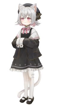 Rule 34 | 1girl, :3, animal ears, belt, black dress, black jacket, black shoes, bow, bowtie, cat ears, cat girl, cat tail, commission, dress, frilled dress, frills, grey hair, hands in opposite sleeves, hat, highres, jacket, long sleeves, mary janes, multicolored hair, off shoulder, open clothes, open jacket, pantyhose, pink bow, pink bowtie, pink eyes, pink hair, pixiv commission, puka (puka bgart), sayo (voicevox), shirt, shoes, tachi-e, tail, transparent background, two-tone hair, voicevox, white pantyhose, white shirt