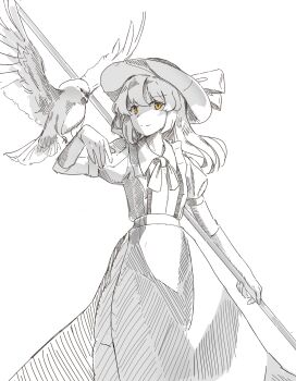 Rule 34 | 1girl, absurdres, acor, apron, bird, bow, dress, elbow gloves, falconry, frilled apron, frills, gloves, hand up, hat, hat ribbon, hatching (texture), highres, holding road sign, kana anaberal, long hair, looking at viewer, monochrome, phantasmagoria of dim.dream, puffy short sleeves, puffy sleeves, ribbon, road sign, short sleeves, sign, smile, solo, sun hat, touhou, touhou (pc-98), turning head, yellow eyes