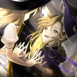Rule 34 | black vest, blonde hair, bow, crescent, crescent hat ornament, dress, dual persona, frills, hat, hat ornament, highres, kirisame marisa, kirisame marisa (pc-98), long hair, long sleeves, looking at mirror, mirror, puffy short sleeves, puffy sleeves, purple dress, rokuya (68 zusao), shirt, short sleeves, touhou, touhou (pc-98), vest, white shirt, witch hat, yellow eyes